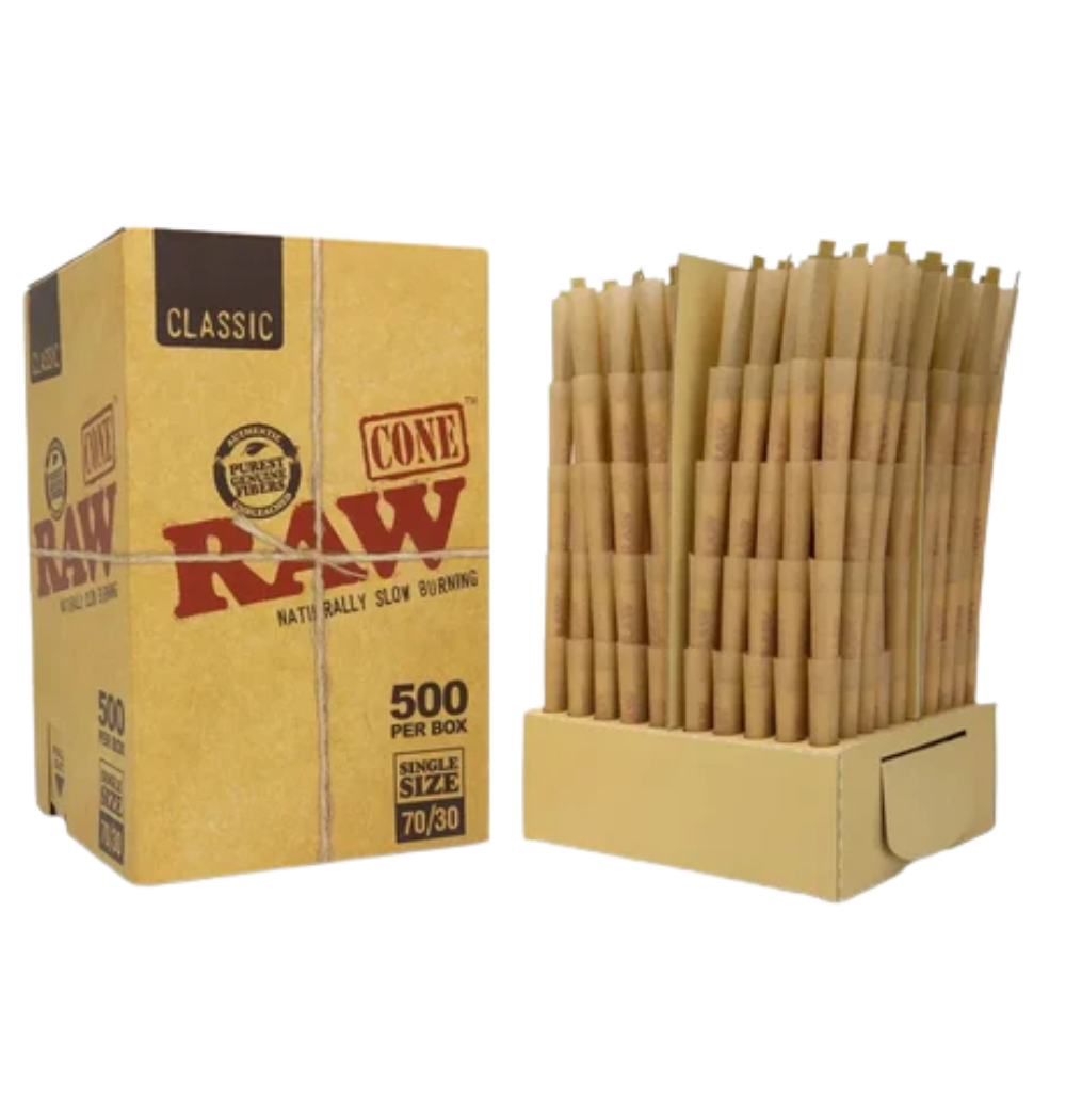 RAW Classic 70/30 Pre-Rolled Cones – 500 Count Bulk Box