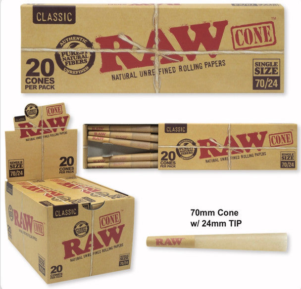 RAW Cones Single Size 70/24: 20 Pack - Mini Pre Rolled Cones Rolling Papers & Tips