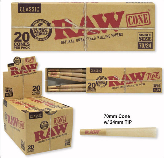 RAW Cones Single Size 70/24: 20 Pack - Mini Pre Rolled Cones Rolling Papers & Tips