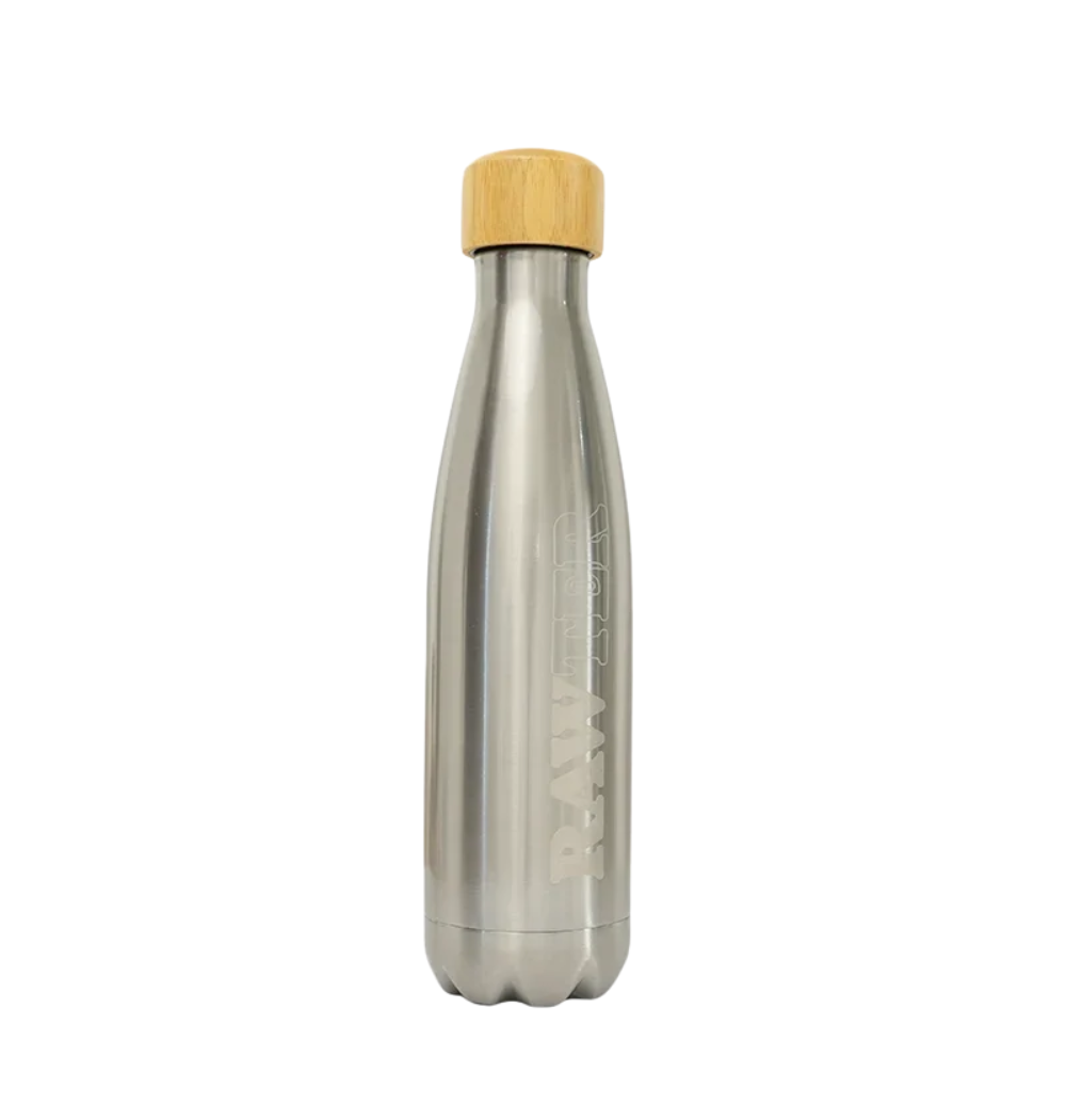 RAW Stainless Steel Reusable Water Bottle – Brushed Silver with Bamboo Lid