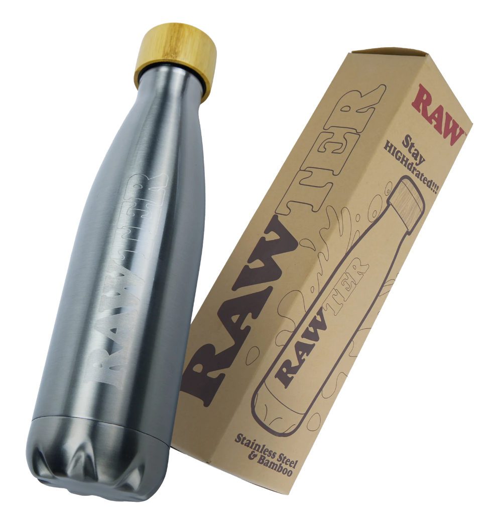 RAW Stainless Steel Reusable Water Bottle – Brushed Silver with Bamboo Lid