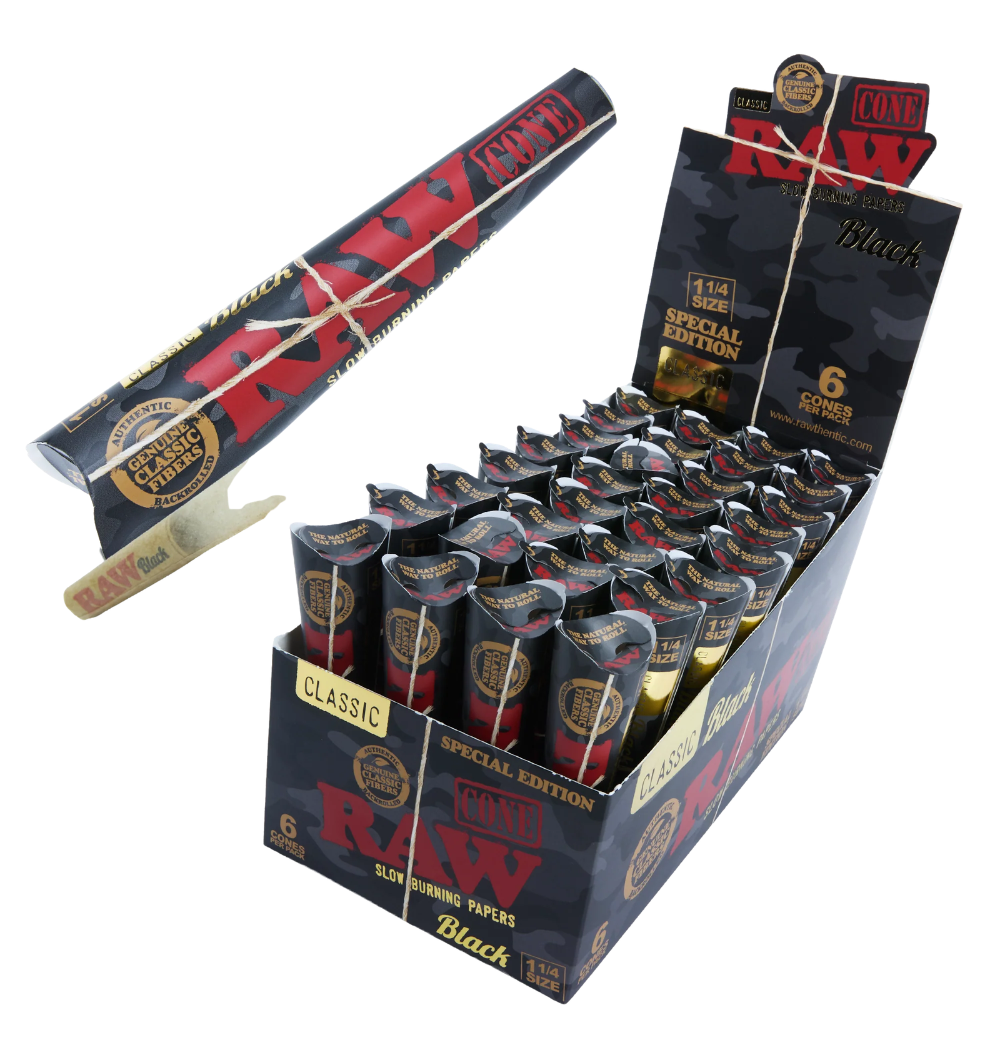 RAW Black Camo Classic Pre-Rolled Cones – 1¼ Size - Special Edition