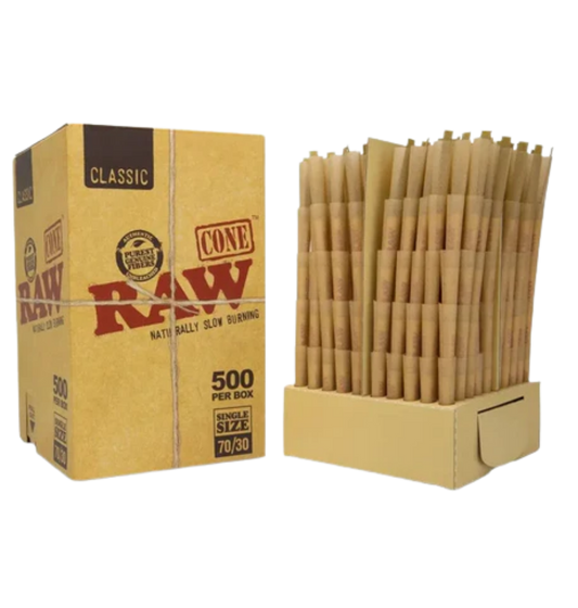 RAW Classic 70/30 Pre-Rolled Cones – 500 Count Bulk Box